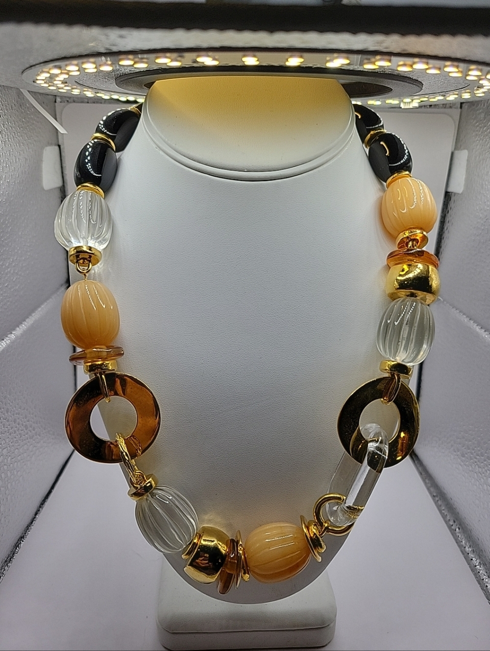 Lizzie Fortunato Runway Bead Necklace in Amber, Black & Clear,designer Goldtone